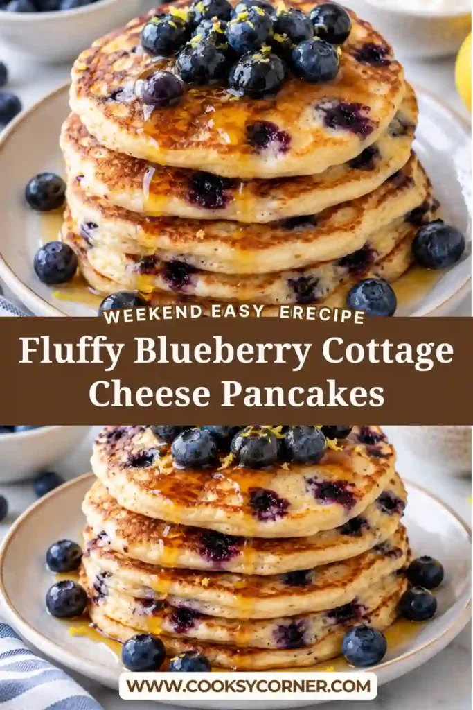 Blueberry cottage cheese pancakes cooking on a nonstick griddle with bubbles forming on the surface. Fresh blueberries are pressed into the thick batter before flipping.