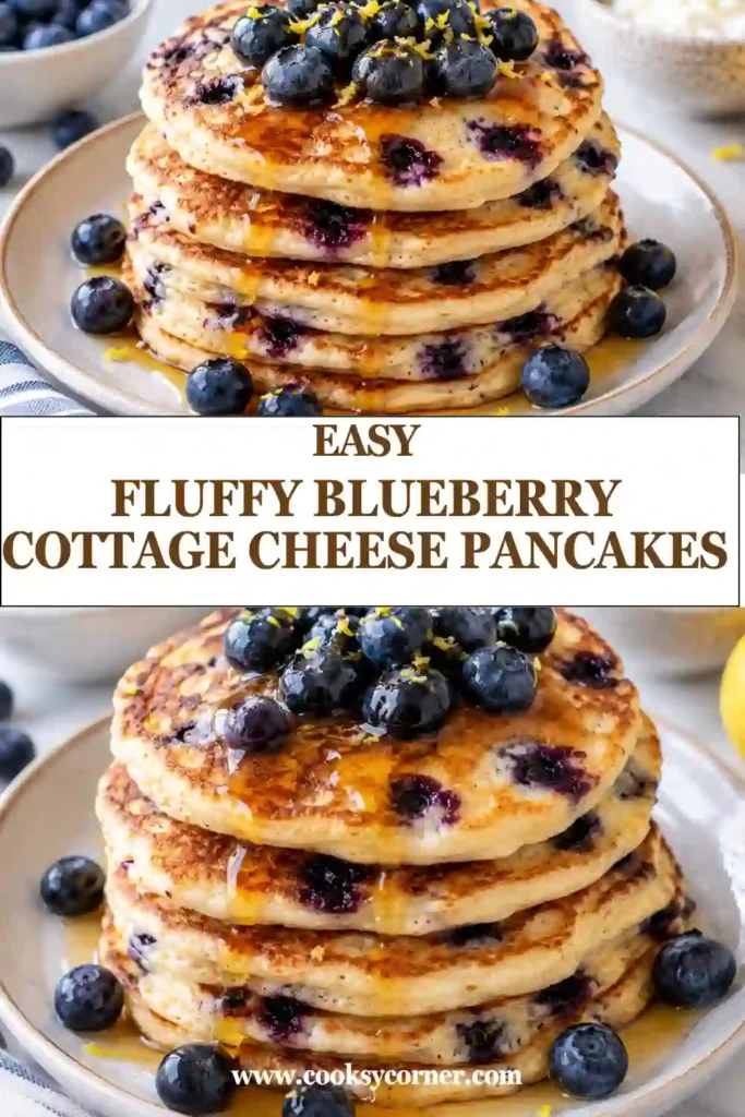 Close-up of a fluffy blueberry pancake cut open to reveal a soft center and juicy blueberries. The golden pancake is made with blended cottage cheese and Greek yogurt.