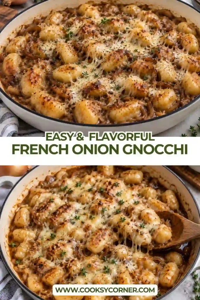 Cheesy caramelized onion gnocchi served hot with a savory French onion sauce. Melted Gruyère, Parmesan, and fresh thyme create a rich and comforting finish.