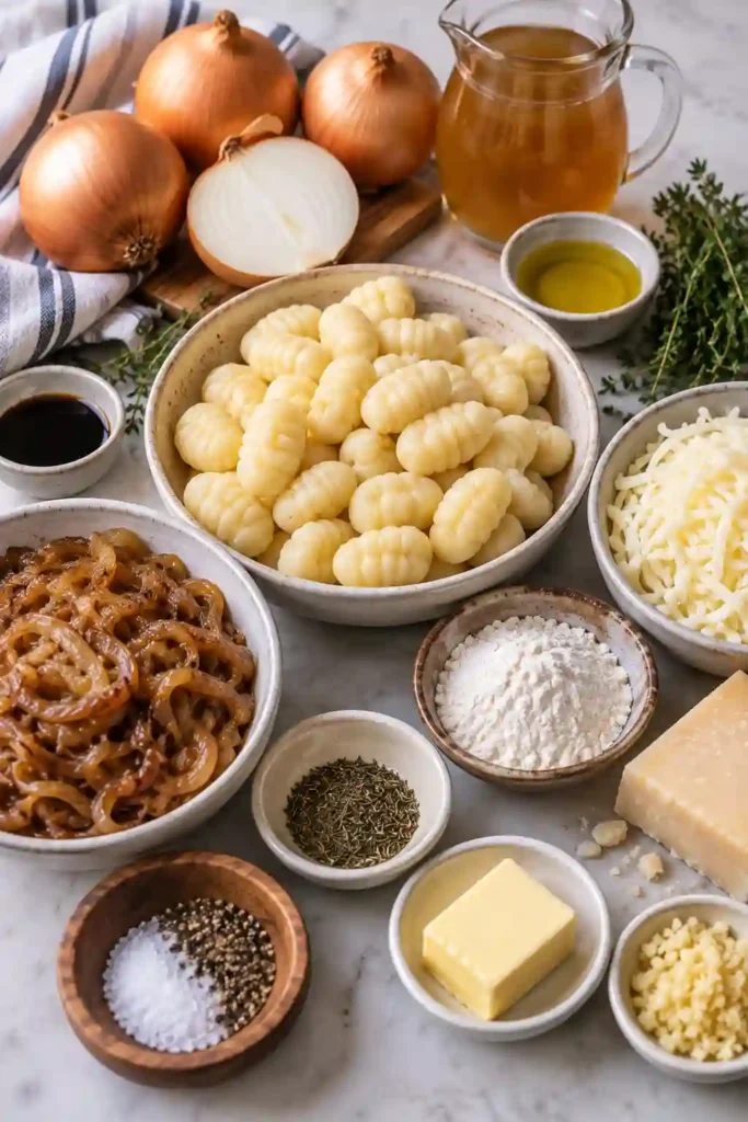 Homemade French Onion Gnocchi featuring pillowy potato gnocchi coated in a rich caramelized onion sauce. Golden melted cheese and fresh thyme cover the top.