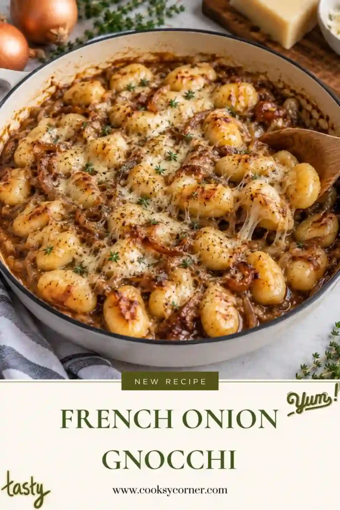 French Onion Gnocchi topped with melted Gruyère and Parmesan cheese in a skillet. Tender gnocchi and deeply caramelized onions create a rich French onion-inspired dinner.