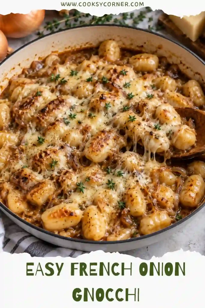 Creamy French Onion Gnocchi with golden caramelized onions, fresh thyme, and bubbling Gruyère cheese. This cozy gnocchi recipe is finished under the broiler until golden.