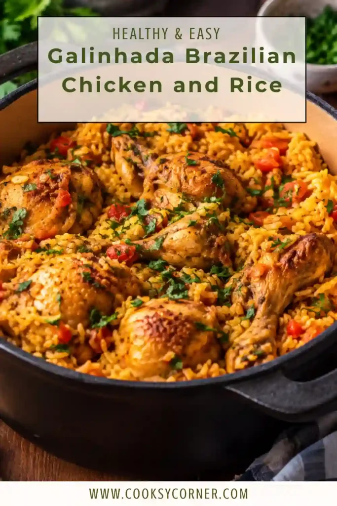 A plate of Brazilian galinhada with tender chicken, golden rice, and savory sausage served with fresh parsley. This comforting one pot chicken and rice dish makes a satisfying family dinner.