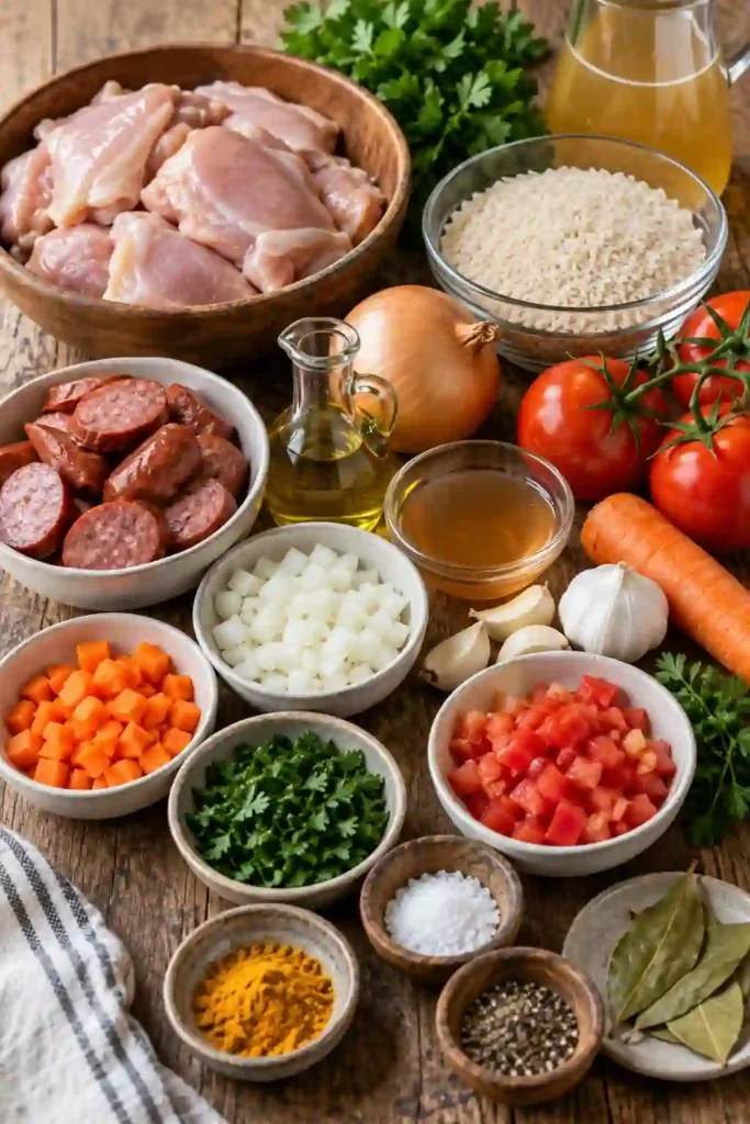 Family-style Brazilian galinhada served in a large pot with golden rice, seasoned chicken, and vegetables. This easy Brazilian chicken rice recipe is a hearty one-pot meal for sharing.