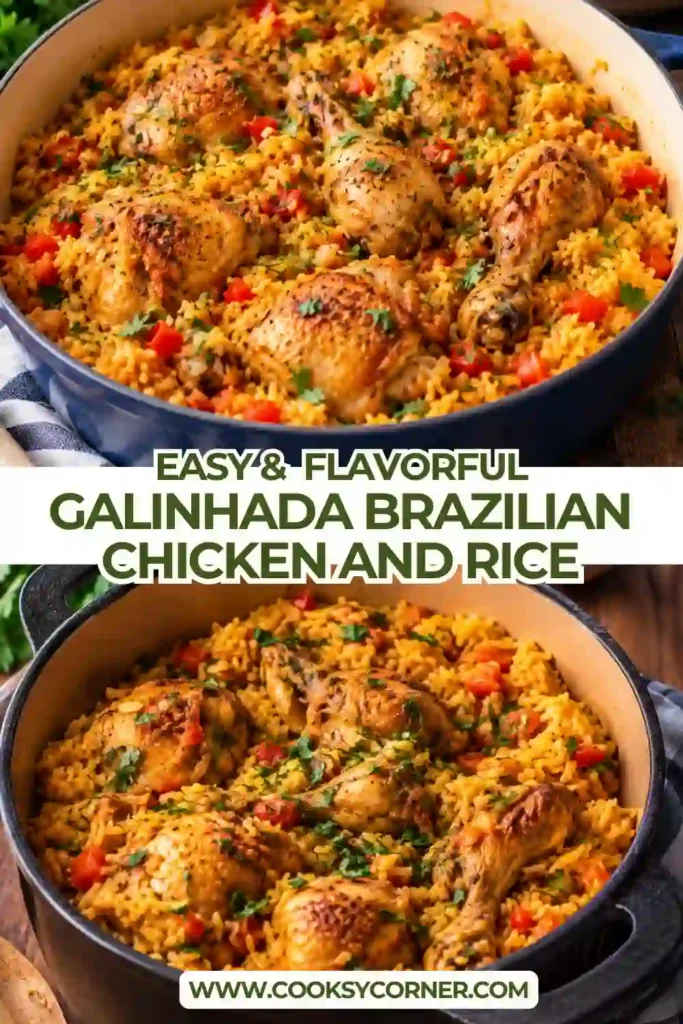 Close-up of golden Brazilian chicken and rice with tender chicken pieces, diced tomatoes, and fresh parsley. This easy galinhada recipe features fluffy turmeric-seasoned rice and rich, savory flavors.