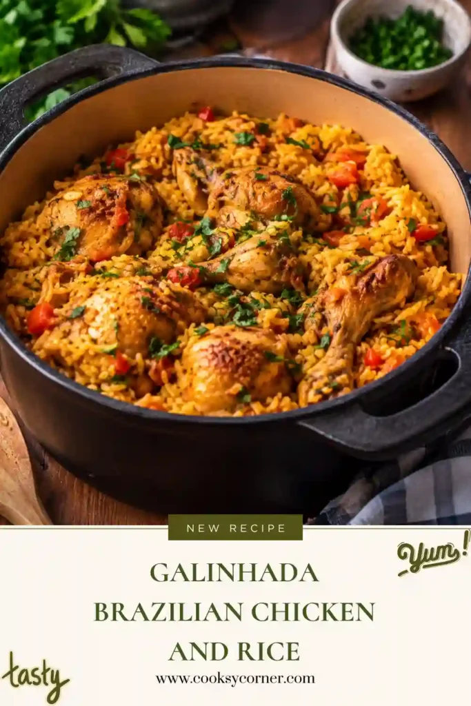 Traditional Brazilian galinhada served in a rustic pot with golden turmeric rice, tender chicken thighs, and sliced beef sausage. Fresh parsley and colorful vegetables complete this comforting Brazilian chicken and rice dish.