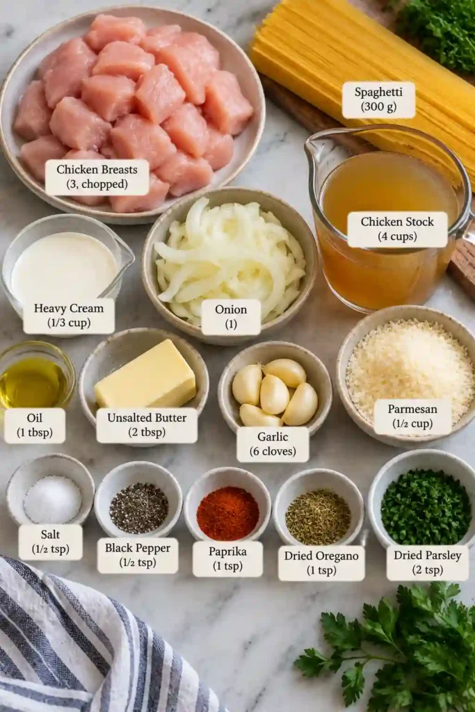 One-pot chicken pasta with juicy chicken pieces and spaghetti coated in creamy garlic Parmesan sauce. The pasta is served warm with fresh herbs and grated cheese.