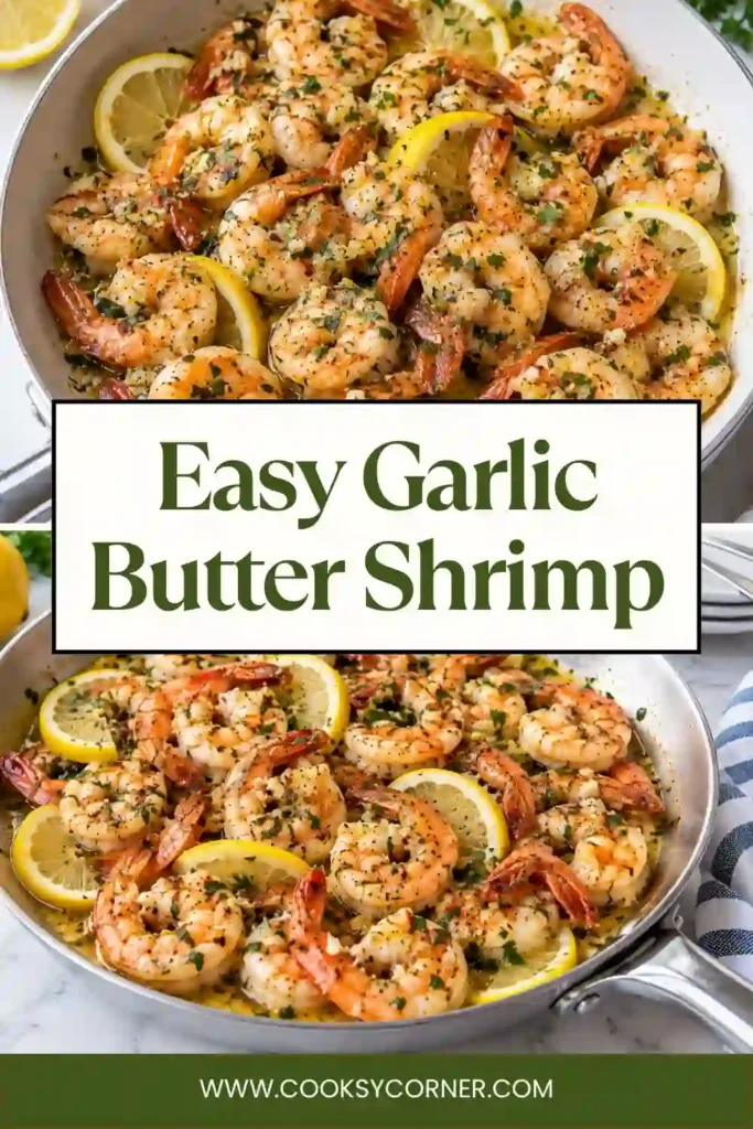 Lemon Garlic Butter Shrimp with golden garlic, melted butter, parsley, and fresh lemon. The pink shrimp are cooked until tender and coated in a glossy skillet sauce.