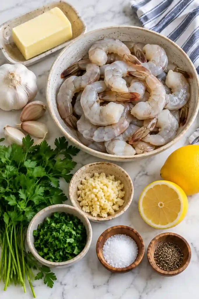 Easy Garlic Butter Shrimp served warm in a skillet with fresh parsley and sliced lemon. A rich garlic butter sauce coats each tender shrimp for a simple seafood dinner.