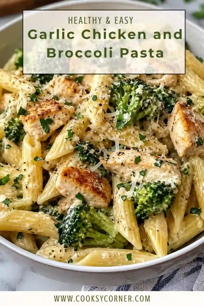 Garlic Chicken and Broccoli Pasta in a serving bowl with golden chicken pieces, broccoli, and tender penne. The pasta is coated in a silky garlic butter sauce and garnished with parsley.