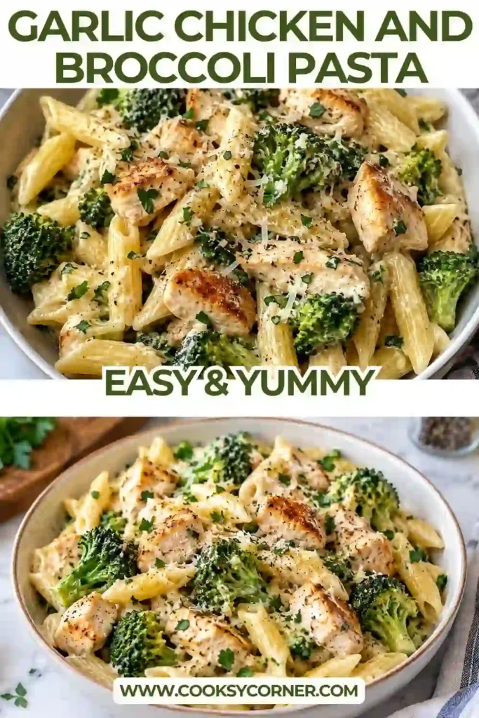 Garlic Chicken and Broccoli Pasta served with golden chicken strips, tender broccoli florets, and penne coated in garlic butter sauce. Fresh parsley and grated cheese finish the pasta dish.