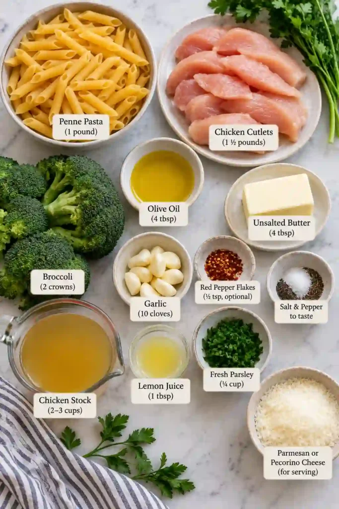 Easy chicken broccoli pasta featuring sautéed chicken, fresh broccoli florets, and penne in a garlic butter sauce. A sprinkle of grated cheese and parsley adds a flavorful finishing touch.