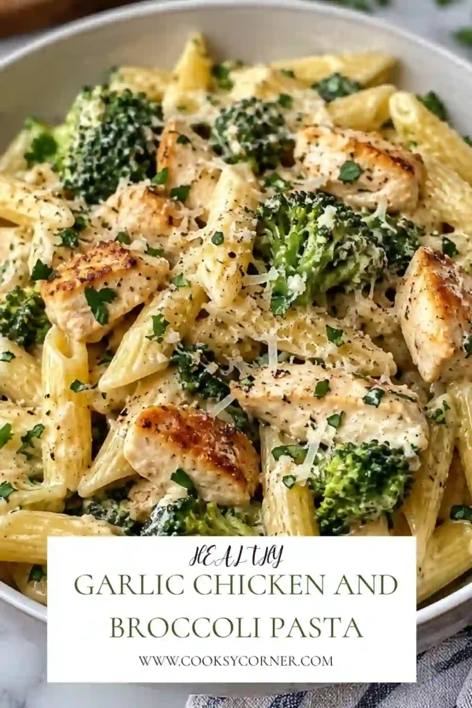 Homemade garlic chicken pasta with juicy chicken, bright green broccoli, and penne tossed in a light savory sauce. Fresh herbs add color to this easy chicken pasta dinner.