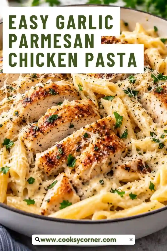 A bowl of Garlic Parmesan Chicken Pasta topped with grated Parmesan, chopped parsley, and black pepper. Golden chicken pieces are tossed with linguine in a rich creamy garlic sauce.