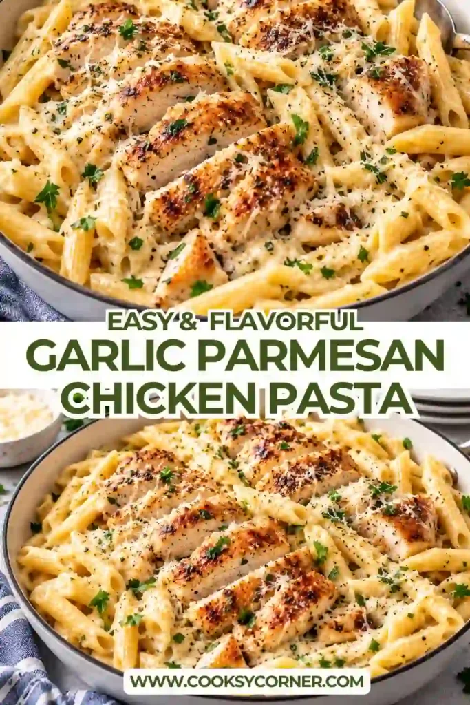 Creamy garlic Parmesan chicken pasta served with tender linguine, juicy seasoned chicken, and fresh parsley. The pasta is coated in a smooth Parmesan cream sauce with plenty of garlic.