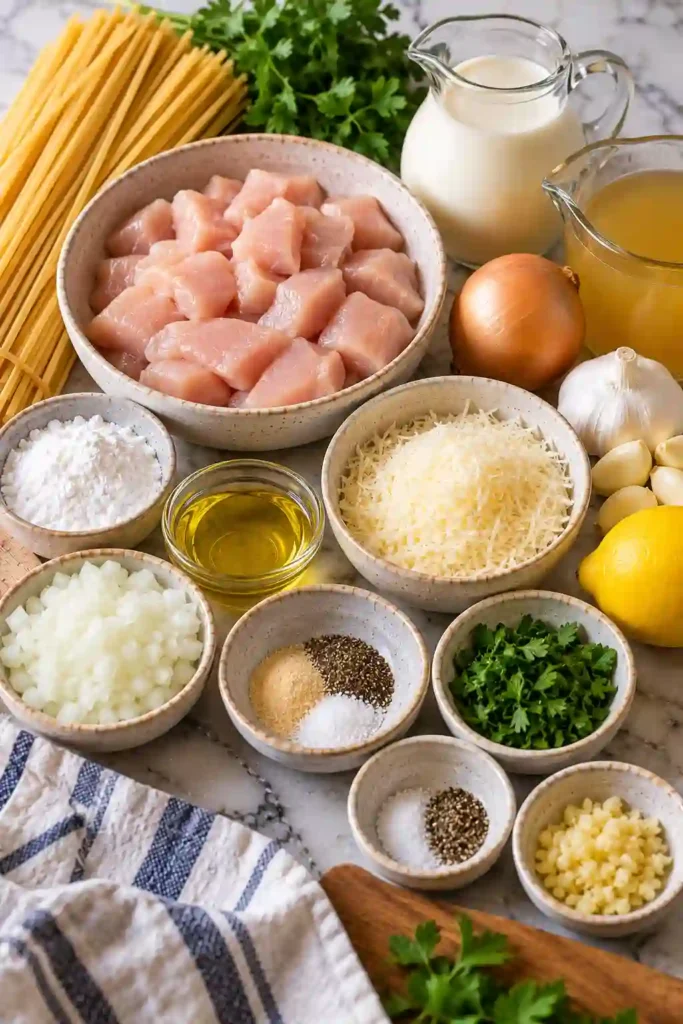 Easy garlic chicken pasta made with tender chicken breast, linguine, heavy cream, garlic, and Parmesan. The creamy pasta is finished with fresh parsley and extra cheese.