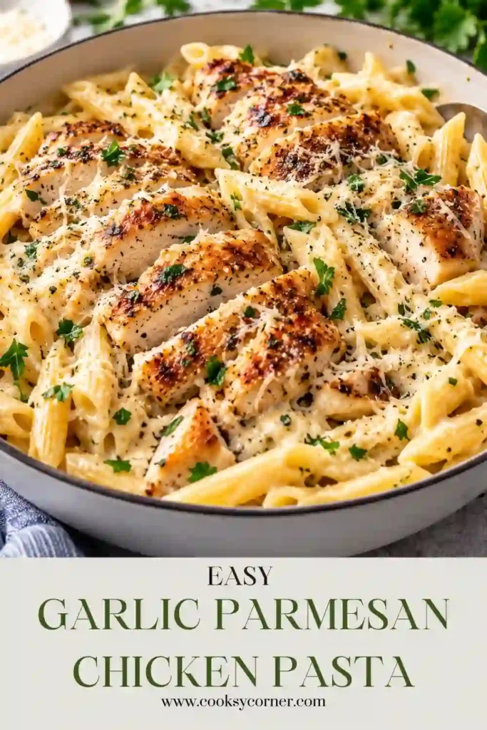 Garlic Parmesan Chicken Pasta with golden bite-size chicken and linguine coated in a creamy garlic Parmesan sauce. Fresh parsley and grated Parmesan finish the rich pasta dish.