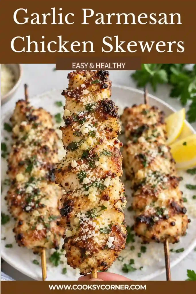 Homemade garlic butter chicken skewers served hot with grated Parmesan and chopped parsley. These tender chicken pieces are seasoned and cooked until golden in the air fryer.