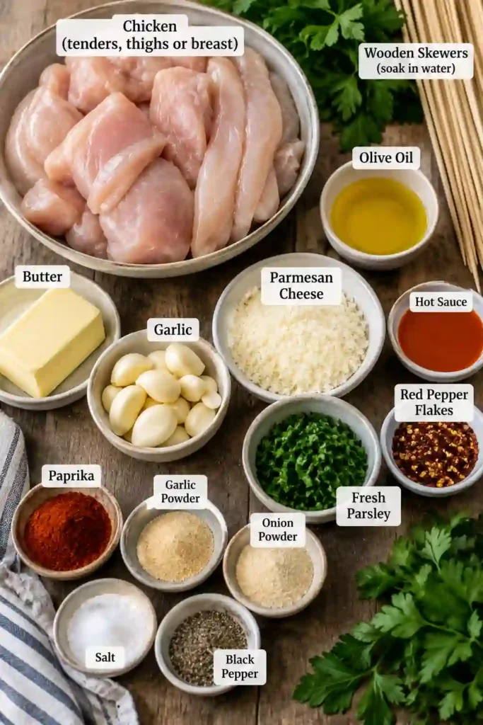 Close-up of Garlic Parmesan Chicken Skewers with juicy seasoned chicken and a buttery Parmesan garlic coating. Red pepper flakes and parsley add color and flavor.