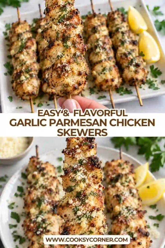 Juicy air fryer Garlic Parmesan Chicken Skewers covered with melted butter, minced garlic, Parmesan, and fresh parsley. The seasoned chicken has lightly crisp, golden edges.