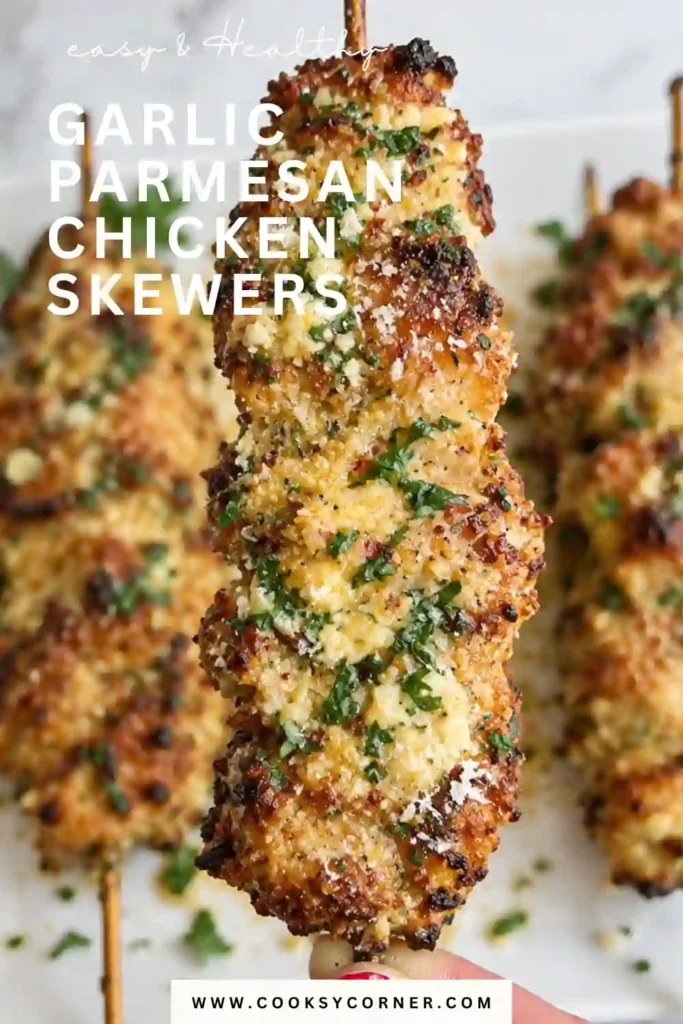 Garlic Parmesan Chicken Skewers cooked until golden and coated in a rich garlic butter Parmesan sauce. Fresh parsley and grated Parmesan finish these juicy air fryer chicken skewers.