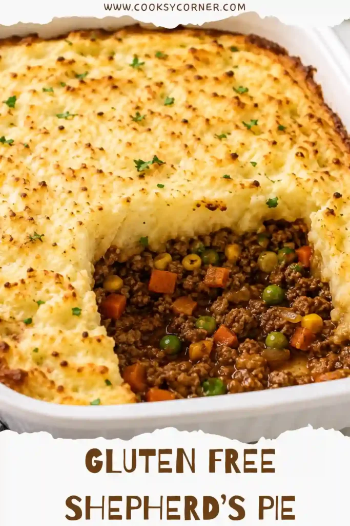 Homemade Gluten Free Shepherd’s Pie with seasoned beef gravy, colorful vegetables, and fluffy mashed potato topping. The casserole is baked until bubbling with golden peaks across the potatoes.