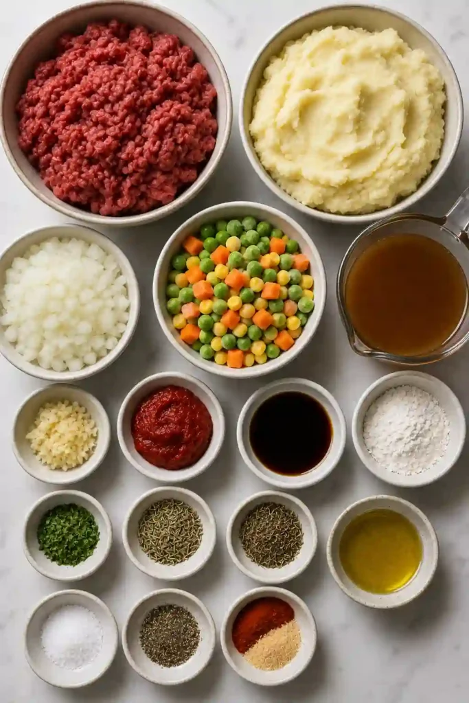 Gluten free cottage-style pie filled with ground beef, corn, peas, carrots, herbs, and savory gravy. Creamy mashed potatoes form a thick golden layer over the hearty beef filling.