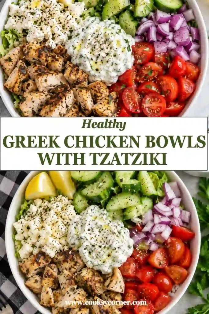 Healthy chicken tzatziki bowl with tender Greek-style chicken, quinoa, romaine lettuce, tomatoes, cucumber, feta, and red onion. Homemade tzatziki adds a cool and creamy finish.
