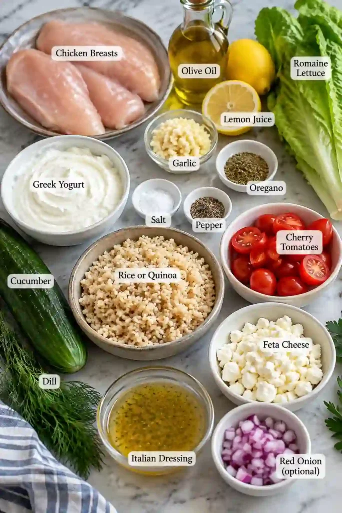 Mediterranean chicken bowl topped with grilled-style lemon garlic chicken, fresh vegetables, feta cheese, and homemade tzatziki. Rice or quinoa creates a hearty base for this healthy Greek chicken bowl.