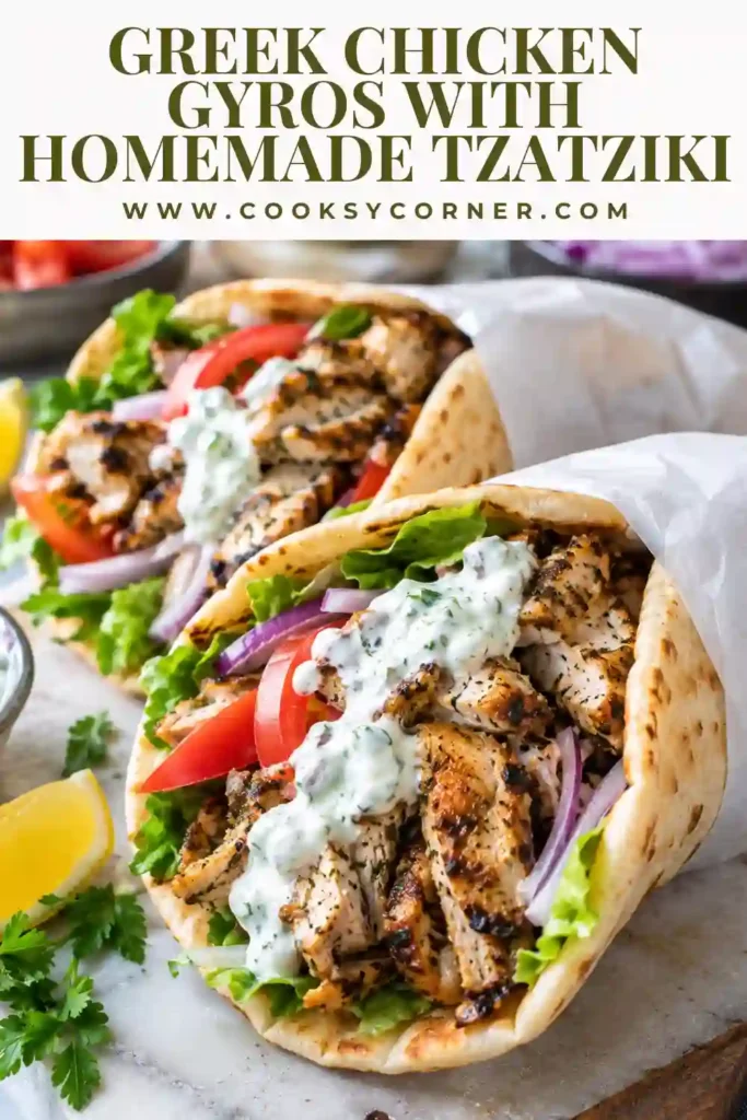 Chicken gyros with tzatziki featuring juicy lemon garlic chicken tucked into soft pita bread. Fresh cucumber, tomato, red onion, and parsley create a colorful Greek-inspired meal.
