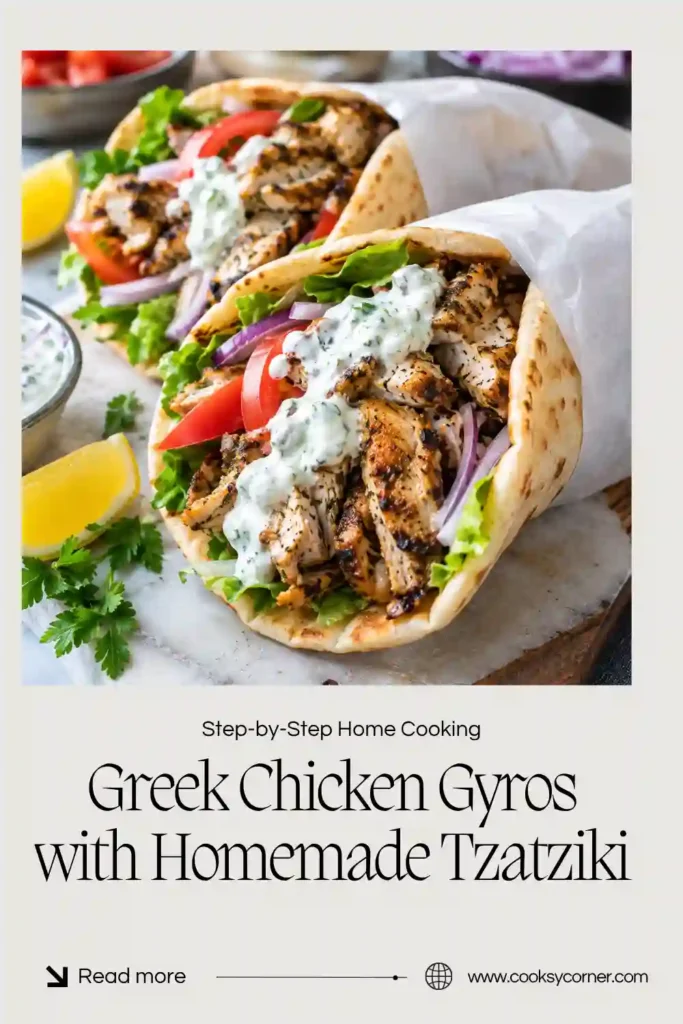 Homemade Greek chicken gyro served in warm pita with golden oregano chicken, cucumber, tomatoes, red onion, and creamy tzatziki sauce. Fresh herbs add color to the Mediterranean chicken wrap.
