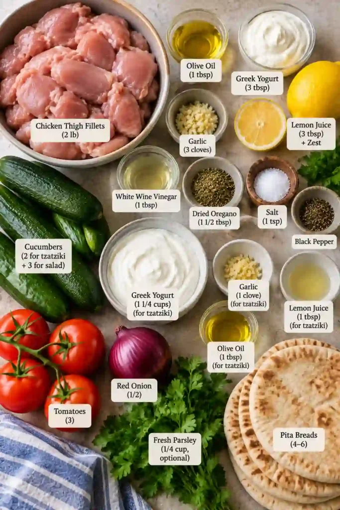 Greek chicken pita filled with grilled marinated chicken, crisp vegetables, and thick cucumber tzatziki. The golden chicken is seasoned with lemon, garlic, oregano, and olive oil.