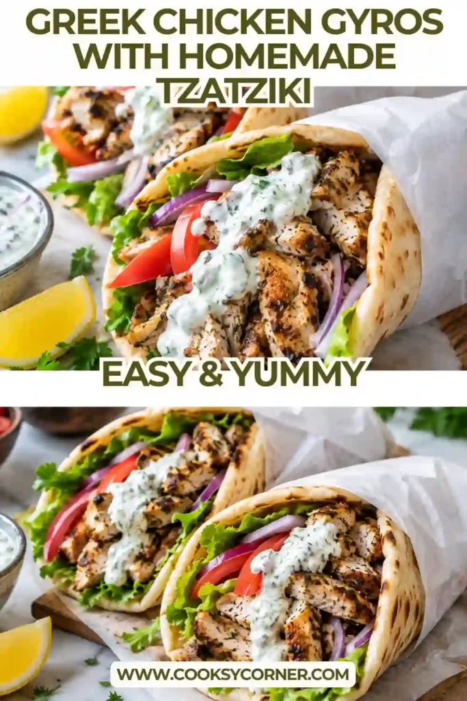 Greek Chicken Gyros filled with juicy grilled chicken, fresh tomato cucumber salad, and creamy homemade tzatziki. The chicken pita wraps are finished with red onion and fresh parsley.