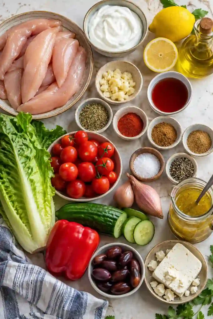 Mediterranean Greek Chicken Salad with juicy chicken tenders, fresh vegetables, feta cheese, and Kalamata olives. The salad is served with a bright Greek-style dressing.
