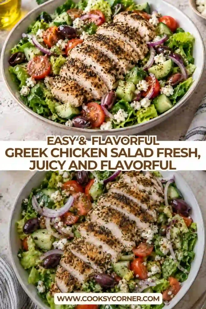 Greek Chicken Salad topped with juicy yogurt-marinated chicken, feta cheese, Kalamata olives, cucumber, tomatoes, and crisp romaine. The colorful Mediterranean chicken salad is finished with Greek dressing.