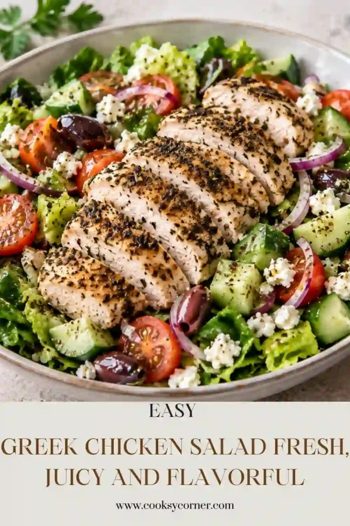 Fresh Greek Chicken Salad with sliced seasoned chicken, creamy feta, cherry tomatoes, cucumber, bell pepper, olives, and lettuce. A colorful Mediterranean-inspired chicken salad served in a bowl.