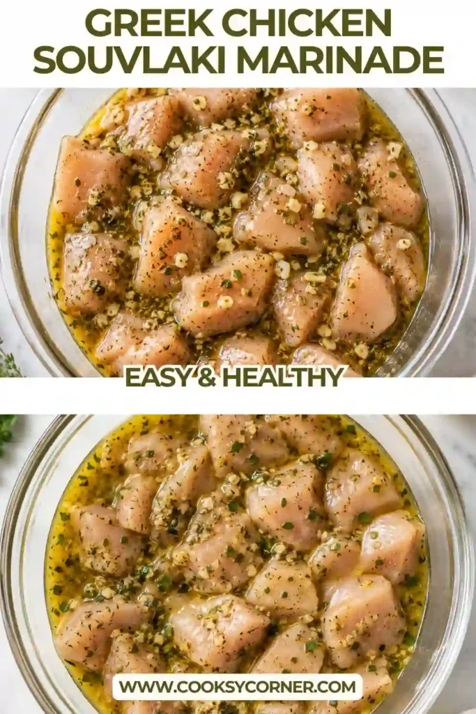 Homemade Greek Chicken Souvlaki Marinade with lemon juice, olive oil, minced garlic, and dried oregano. This easy Greek chicken marinade takes only five minutes to prepare.
