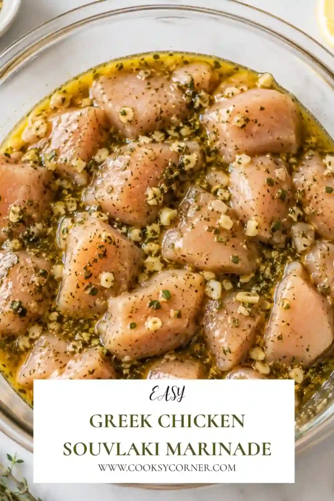 Greek Chicken Souvlaki Marinade made with fresh lemon, garlic, oregano, olive oil, and red wine vinegar. The flavorful marinade is prepared for juicy Mediterranean grilled chicken skewers.
