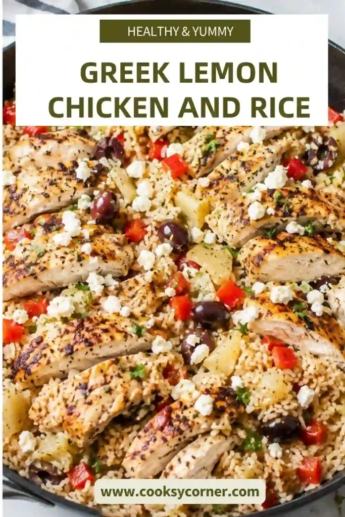 Mediterranean chicken and rice served in a skillet with crispy golden chicken thighs, lemon slices, parsley, and seasoned white rice. This easy Greek chicken recipe combines bright citrus with savory garlic and oregano.