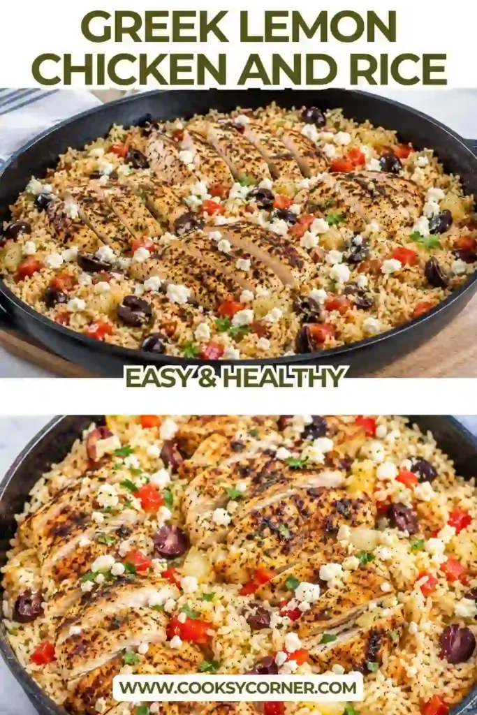 One pan Greek Lemon Chicken and Rice made with juicy chicken thighs, long-grain rice, garlic, oregano, and fresh lemon. The chicken is golden on top while the rice absorbs the savory Mediterranean flavors.