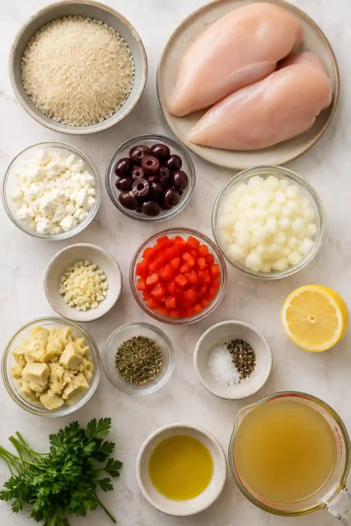 Lemon garlic chicken thighs baked over tender oregano rice in an oven-safe skillet. Fresh parsley, lemon zest, and lemon slices finish this Greek-inspired chicken and rice recipe.