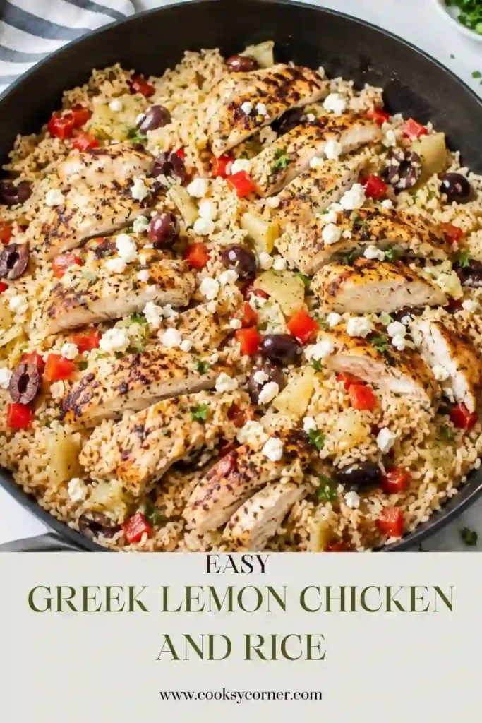 Greek Lemon Chicken and Rice with golden bone-in chicken thighs nestled over fluffy herb-seasoned rice. Fresh lemon slices and parsley add color to this easy one pan chicken and rice dinner.
