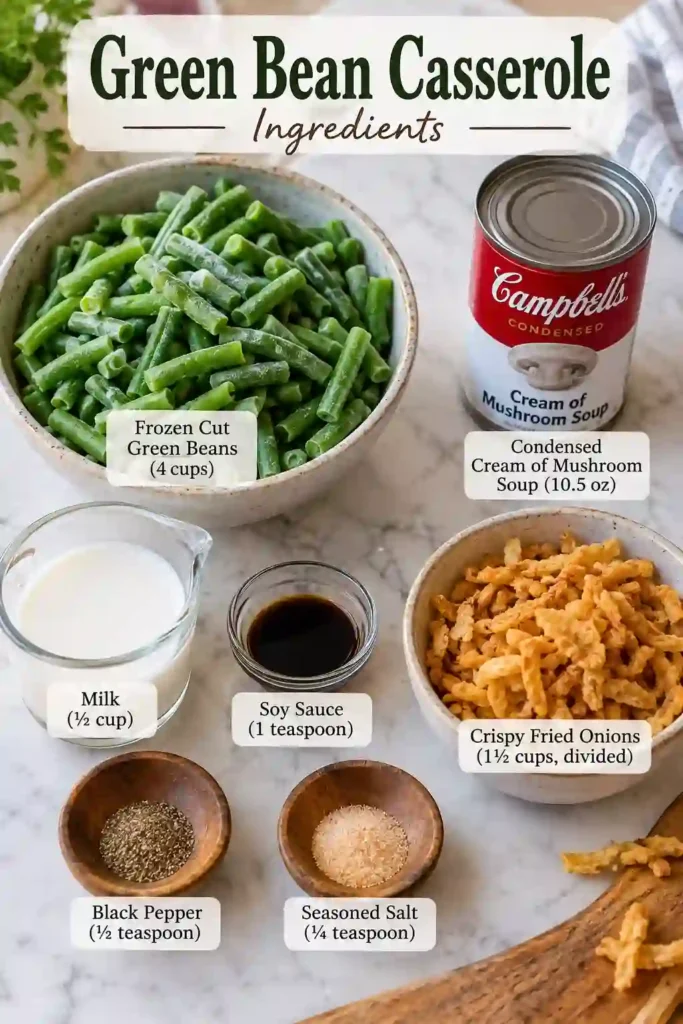 Homemade creamy Green Bean Casserole fresh from the oven with bubbling mushroom sauce and crispy fried onions. A comforting holiday side dish with simple, familiar flavors.