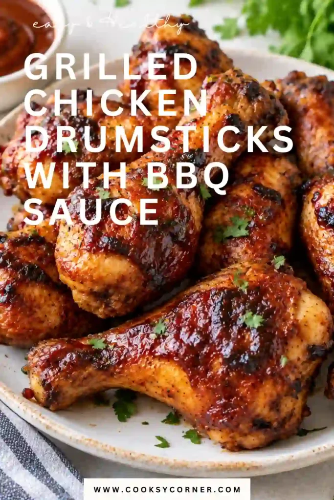 Grilled chicken legs with crisp browned skin and a sticky BBQ glaze arranged on a serving platter. The drumsticks are seasoned with a smoky homemade spice blend.