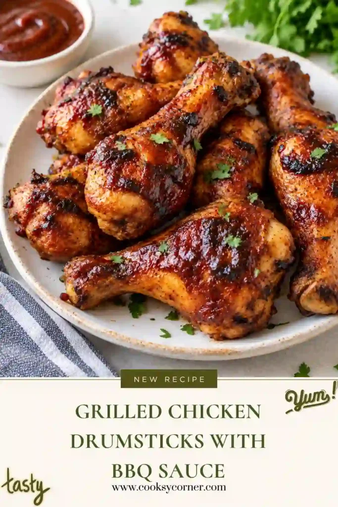 Grilled Chicken Drumsticks coated with BBQ seasoning and glossy barbecue sauce on a hot grill. The chicken legs have browned, lightly charred skin and a smoky finish.