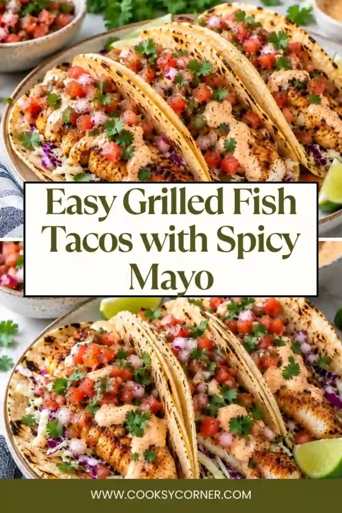 Easy white fish tacos featuring grilled seasoned fish, fresh tomato pico de gallo, creamy spicy mayo, cilantro, and warm tortillas.
