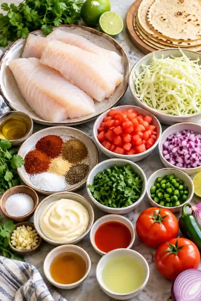 Mexican-inspired grilled fish tacos with flaky white fish, tomatoes, red onion, cilantro, jalapeño, lime, and spicy mayonnaise.