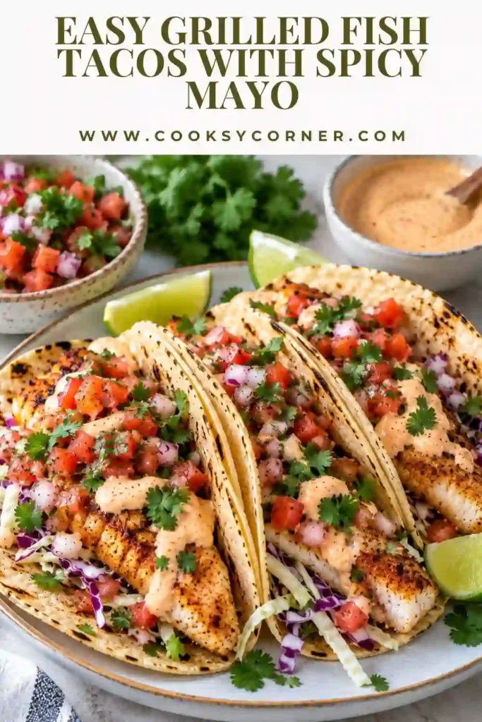 Fresh grilled fish tacos topped with homemade pico de gallo, spicy mayo, chopped cilantro, jalapeño, and lime wedges.