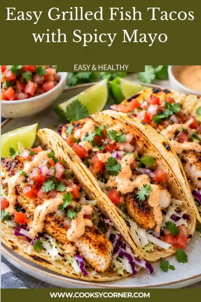 Grilled Fish Tacos with Spicy Mayo filled with flaky seasoned white fish, fresh pico de gallo, cilantro, and creamy sriracha sauce in warm tortillas.