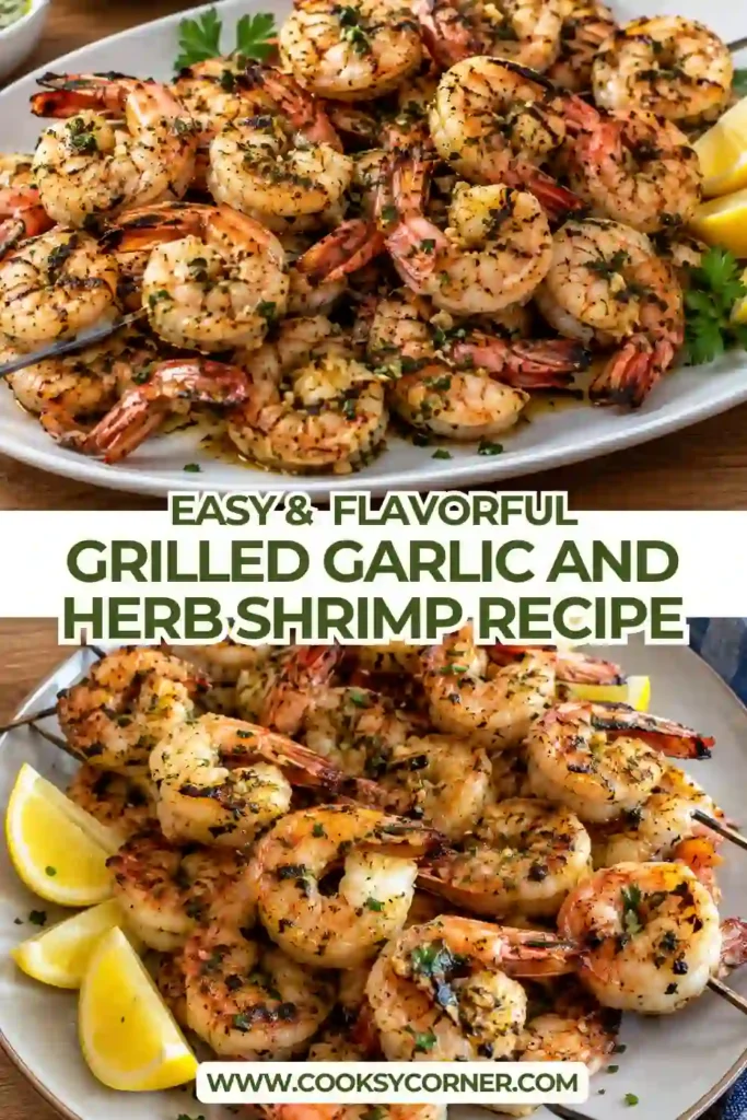 Garlic herb shrimp fresh from the grill with caramelized edges, fresh lemon, and aromatic herbs. The large shrimp are coated in a flavorful paprika and garlic marinade.